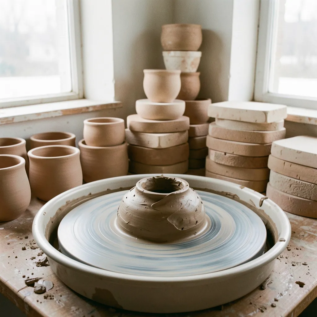 Pottery studio workspace with ceramic pieces