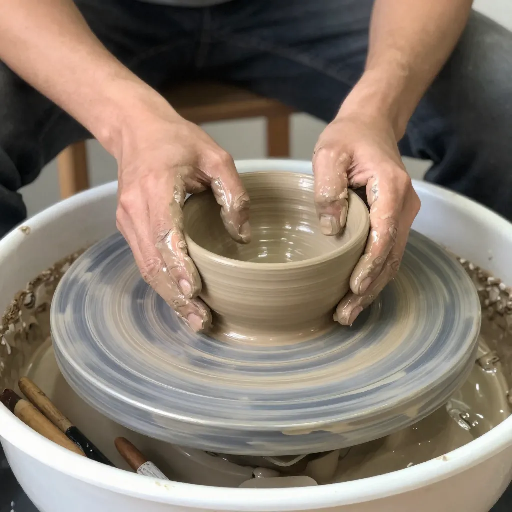 Hand shaping clay on pottery wheel