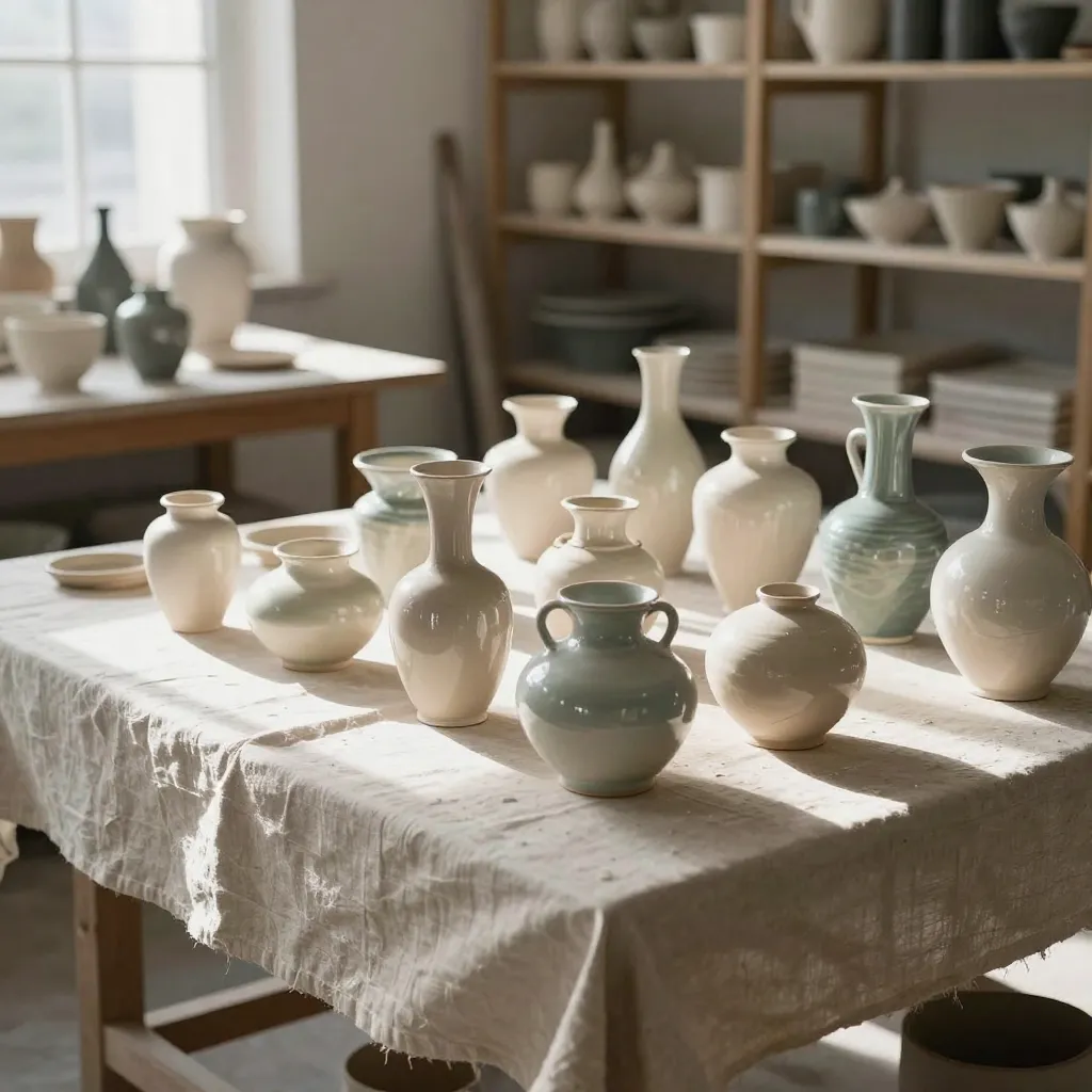 Ceramic pieces in various stages of completion